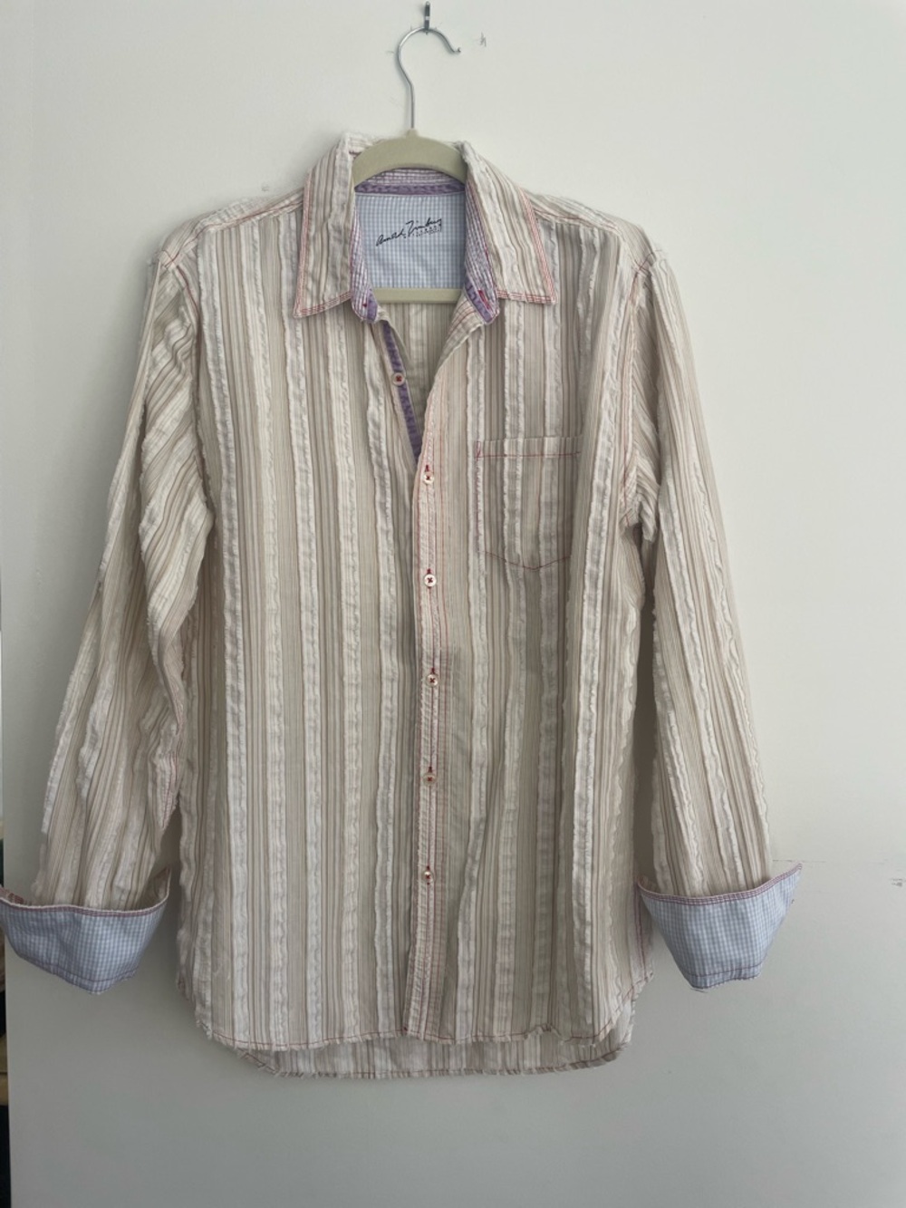 Arnold Zimberg Hollywood white and beige striped button-down shirt. EUC Sz M